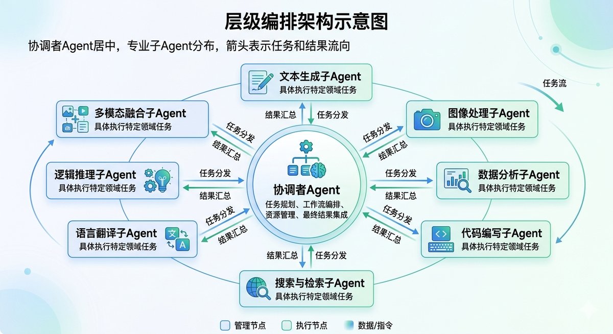 层级编排架构示意图——协调者Agent居中，周围分布多个专业子Agent，箭头表示任务分发和结果汇总的方向