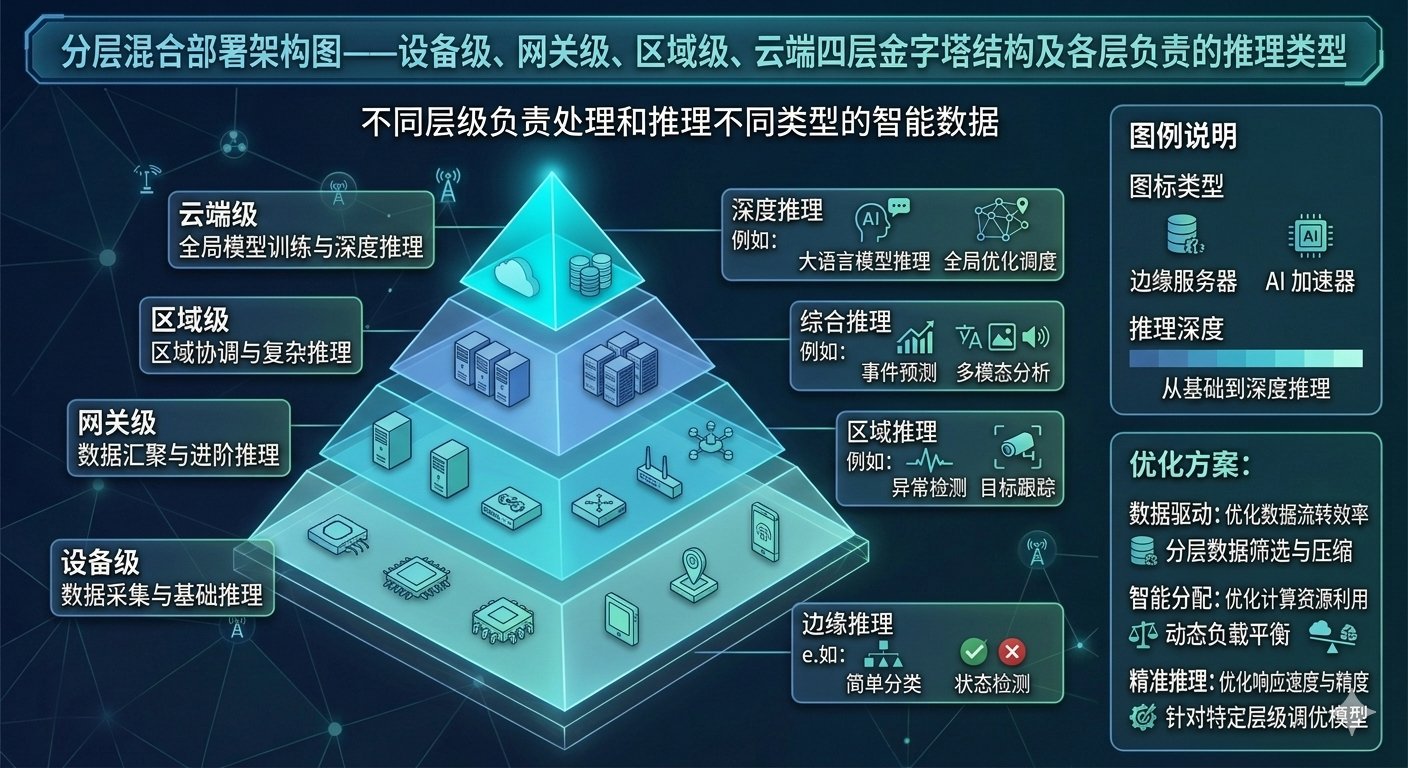 分层混合部署架构图——设备级、网关级、区域级、云端四层金字塔结构及各层负责的推理类型