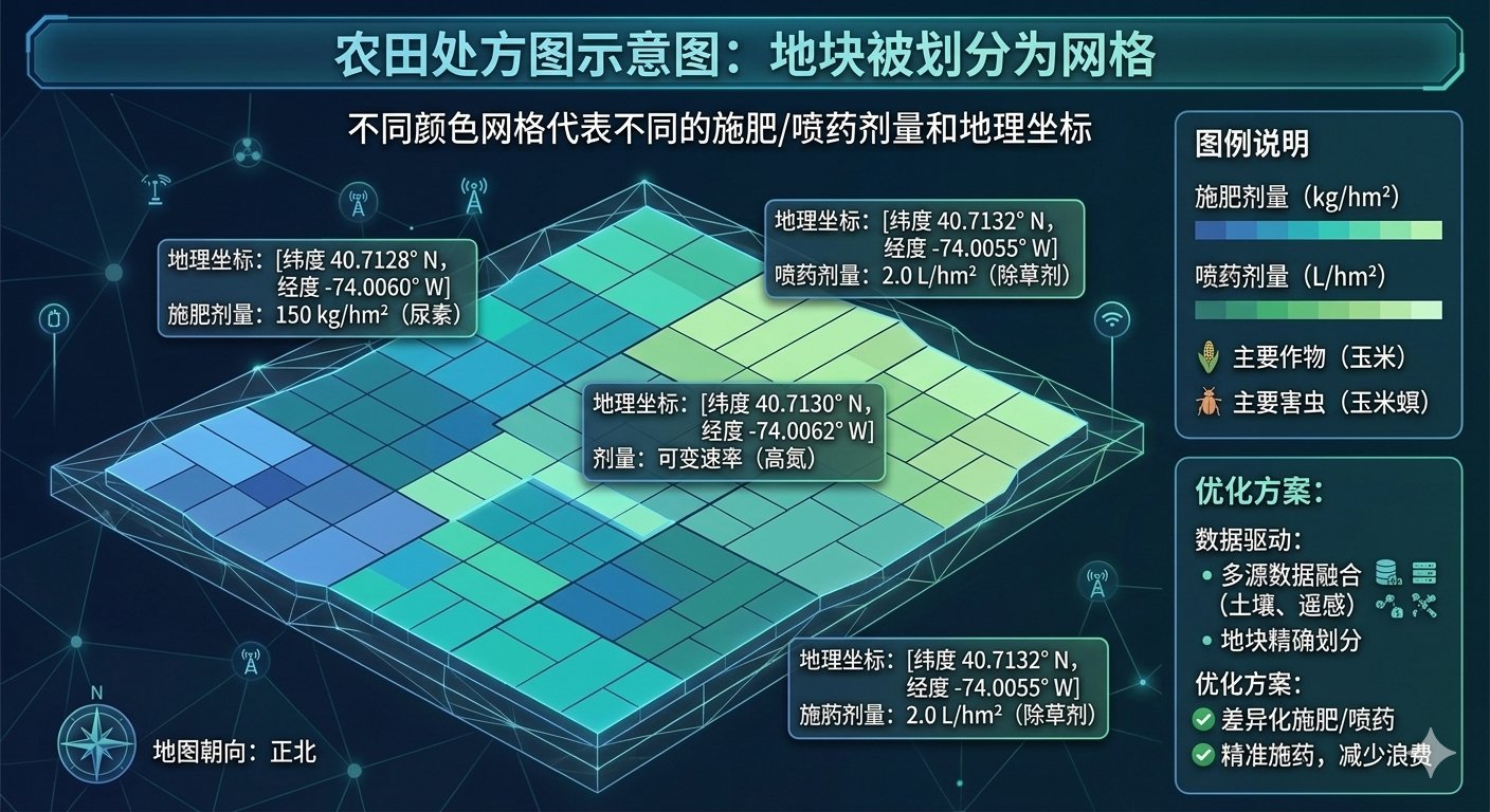 农田处方图示意图——地块被划分为网格，每个网格标注不同的施肥/喷药剂量和地理坐标