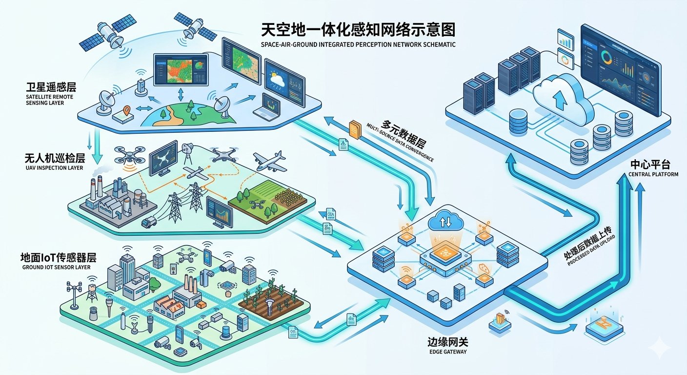 天空地一体化感知网络示意图——卫星遥感层、无人机巡检层、地面IoT传感器层三层数据汇入边缘网关，再上传中心平台